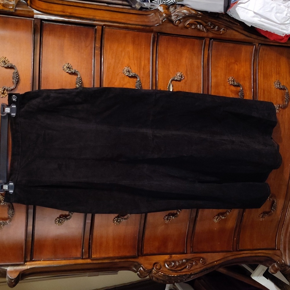 Vtg Black Suede Leather Maxi Front Split Skirt sz L